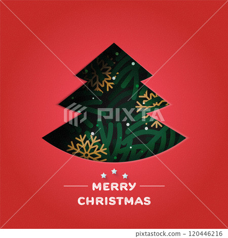 Holiday Christmas and winter season on red background. Christmas Tree decorated with fir branches and snowflake. Paper art vector illustration. 120446216