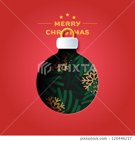 Holiday Christmas and winter season on red background. Christmas Ball decorated with fir branches and snowflake. Paper art vector illustration. Holiday Christmas and winter season on red background. Christmas Ball decorated with fir branches and snowflake. Paper art vector illustration. 120446217