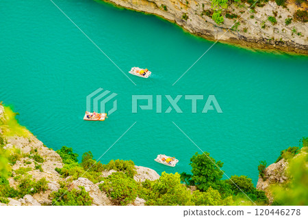 Boats on water, Verdon Gorge in Provence France. Boats on water, Verdon Gorge in Provence France. 120446278