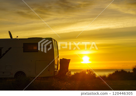 Caravan on nature in the morning at sunrise Caravan on nature in the morning at sunrise 120446305