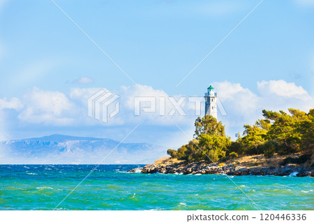 Seascape with lighthouse near Gythio Greece 120446336