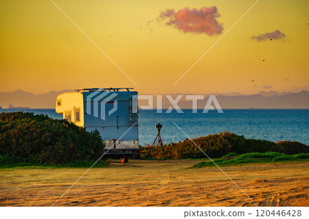 Caravan on beach by Punta Mala, Alcaidesa Spain Caravan on beach by Punta Mala, Alcaidesa Spain 120446428