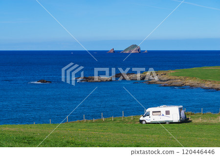 Camper on Asturias coast in Spain. 120446446