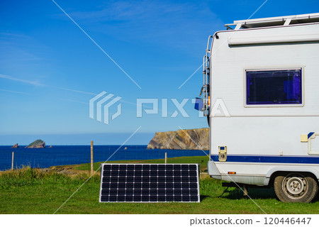 Solar photovoltaic panel at caravan on coast 120446447