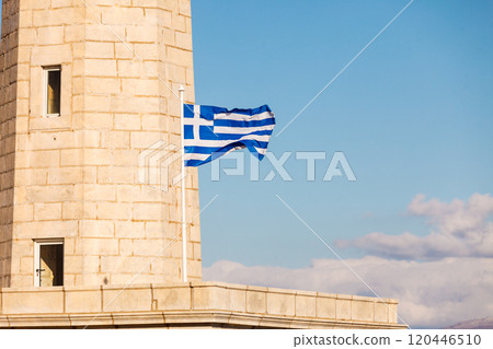 Lighthouse near Gythio against blue sky 120446510