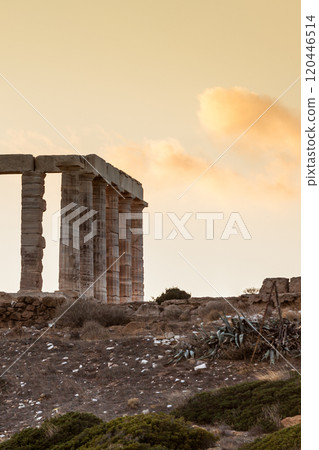 Greek temple of Poseidon at sunset, Cape Sounio 120446514