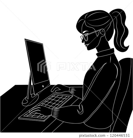 Vector illustration of black silhouette woman studying at computer. Monochrome clipart of woman programmer. 120446531