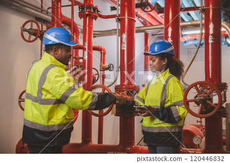 Engineer or technician work checking Fire suppression system and fire equipment. Engineer check red generator pump for water sprinkler piping and fire alarm control system Engineer or technician work checking Fire suppression system and fire equipment. Engineer check red generator pump for water sprinkler piping and fire alarm control system 120446832