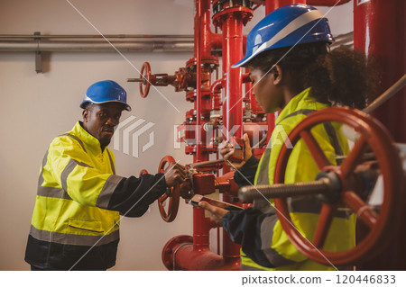 Engineer or technician work checking Fire suppression system and fire equipment. Engineer check red generator pump for water sprinkler piping and fire alarm control system Engineer or technician work checking Fire suppression system and fire equipment. Engineer check red generator pump for water sprinkler piping and fire alarm control system 120446833