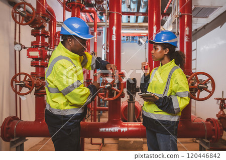 Engineer or technician work checking Fire suppression system and fire equipment. Engineer check red generator pump for water sprinkler piping and fire alarm control system Engineer or technician work checking Fire suppression system and fire equipment. Engineer check red generator pump for water sprinkler piping and fire alarm control system 120446842