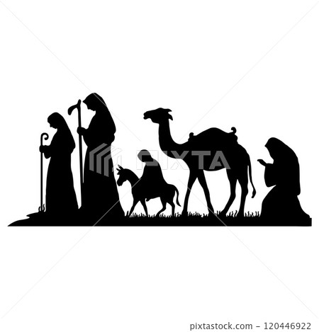 Holy Night silhouette - Nativity scene of baby Jesus silhouette in a manger with Mary and Joseph with the three wise men. Christian Christmas silhouette of animals. Illustration for children. 120446922