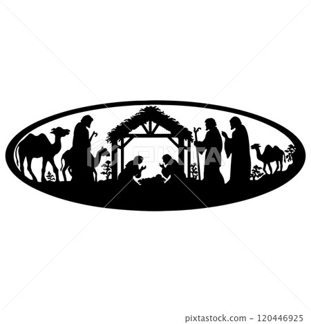 Holy Night silhouette - Nativity scene of baby Jesus silhouette in a manger with Mary and Joseph with the three wise men. Christian Christmas silhouette of animals. Illustration for children. 120446925