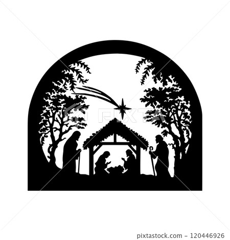 Holy Night silhouette - Nativity scene of baby Jesus silhouette in a manger with Mary and Joseph with the three wise men. Christian Christmas silhouette of animals. Illustration for children. 120446926