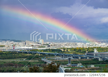 A rainbow overlooking Muko City from Otokoyama Observatory, Yawata City, Kyoto Prefecture 120447236