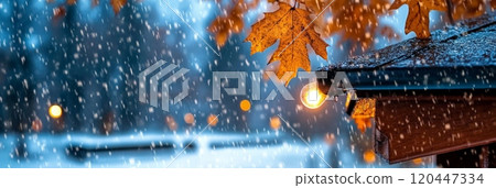 Close-up of snow falling on leaves hanging from the eaves Close-up of snow falling on leaves hanging from the eaves 120447334