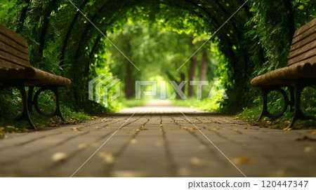 A path in a tunnel of bright green trees with benches on the sides 120447347