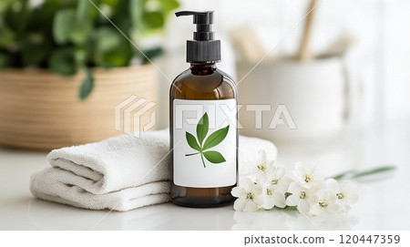 A bottle of eco-friendly care product with a green leaf icon on the label 120447359