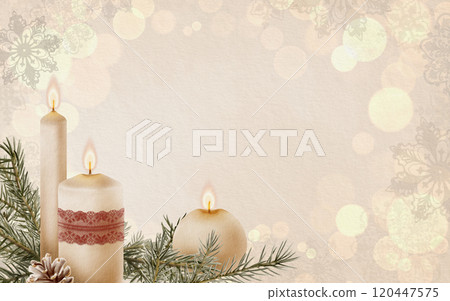 Vintage Christmas rectangular horizontal template on retro beige background with bokeh and snowflakes with wax candles,red openwork lace ribbon,fir cones and spruce sprigs.Hand drawn illustration Vintage Christmas rectangular horizontal template on retro beige background with bokeh and snowflakes with wax candles,red openwork lace ribbon,fir cones and spruce sprigs.Hand drawn illustration 120447575