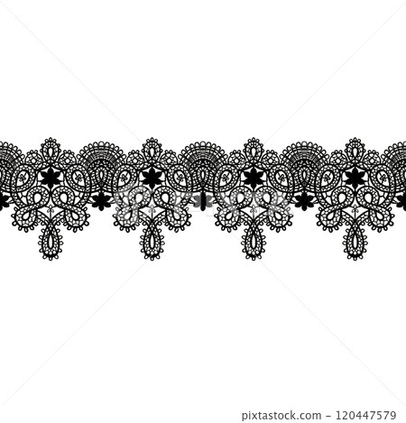 Ribbon lace in seamless border,vintage style,black color.Vector hand-drawn illustration with floral pattern.Lightweight and openwork for backgrounds,wedding,February 14,March 8,Mother's Day 120447579