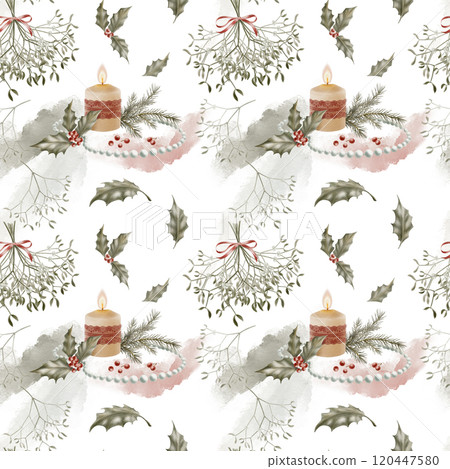 Vintage seamless pattern candle with flame and pearl beads in Christmas composition,red openwork lace ribbon,holly,berries and spruce sprigs with sprigs of mistletoe and a red bow,wftercolor spots 120447580