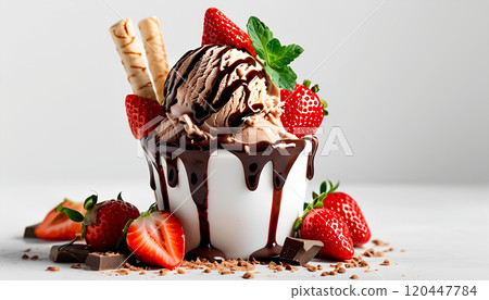 Strawberry and chocolate sundae ice cream cup and wafer stick isolated on white background,high quality ,realistic photo with copy space 120447784