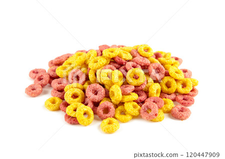 Colorful crispy corn flakes isolated on white background. 120447909