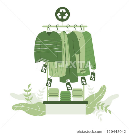 Eco friendly clothing shopping. Fashionable Eco-conscious attire on hangers store rack, recycling textile with price tags. Sale. Vector illustration. Recycle and environmental care concept on fashion. Eco friendly clothing shopping. Fashionable Eco-conscious attire on hangers store rack, recycling textile with price tags. Sale. Vector illustration. Recycle and environmental care concept on fashion. 120448042
