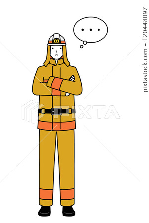 A firefighter in a fire suit thinking with his arms folded A firefighter in a fire suit thinking with his arms folded 120448097