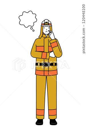 一名身穿消防服的消防員把手放在臉上思考 120448100