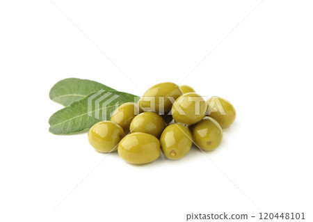 Green olives isolated on a white background. 120448101