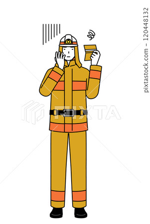 一名身穿防火服的消防員查看了自己的銀行存摺後顯得很沮喪。 一名身穿防火服的消防員查看了自己的銀行存摺後顯得很沮喪。 120448132