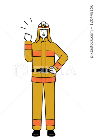 A firefighter in a fire suit making a fist pump 120448156