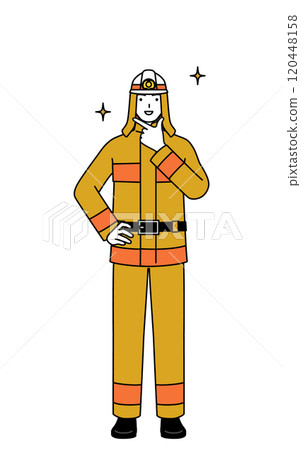 A firefighter in a fire suit poses confidently A firefighter in a fire suit poses confidently 120448158