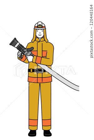 拿著有槍型噴嘴的消防水帶的消防服的消防員 120448164
