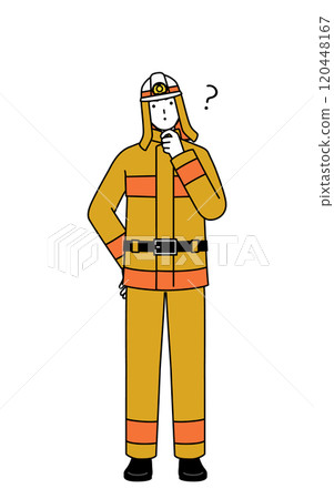 A firefighter in a fire suit tilting his head in doubt A firefighter in a fire suit tilting his head in doubt 120448167
