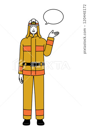身穿阻燃服的消防員以語音氣泡進行指導 120448172