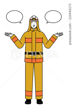 穿著消防服的消防員用語音泡棉進行比較 120448173