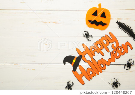Halloween composition with spiders and on white wooden background. View from above. 120448267