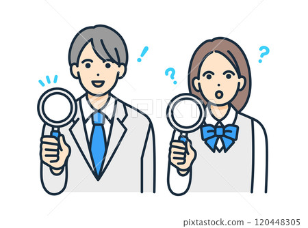 一個男人和一個女人看著放大鏡。一個進行分析的女孩和一個發現某些東西的學生的插圖集。 一個男人和一個女人看著放大鏡。一個進行分析的女孩和一個發現某些東西的學生的插圖集。 120448305