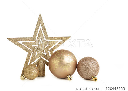Gold balls with Christmas decoration isolated on white background. Gold balls with Christmas decoration isolated on white background. 120448333