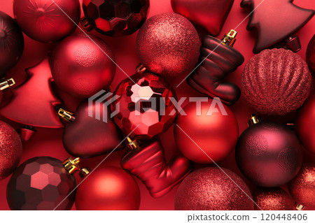 Christmas balls red background. New Year composition Christmas balls red background. New Year composition 120448406