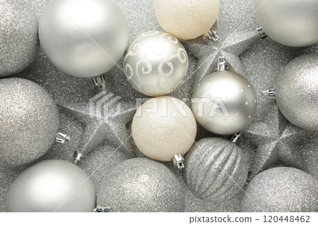 Silver christmas baubles background. New Year composition 120448462