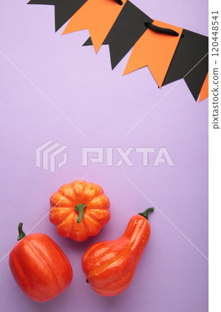 Halloween composition with pumpkins on purple background. View from above. Vertical photo Halloween composition with pumpkins on purple background. View from above. Vertical photo 120448541