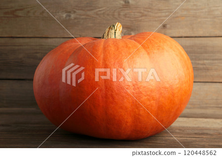 Fresh orange pumpkin on grey background. Autumn composition 120448562