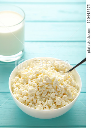 Cottage cheese and milk for breakfast in bowl on blue background. Vertical photo 120448575