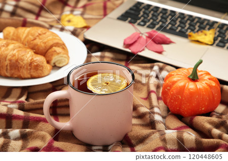 Hot coffee and autumn leaves with notebook on plaid - seasonal relax concept Hot coffee and autumn leaves with notebook on plaid - seasonal relax concept 120448605