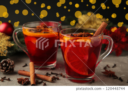 Mulled wine with cinnamon and anise stars on grey background. Thanksgiving Day 120448744