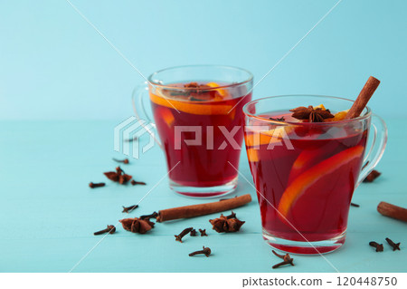 Mulled wine with cinnamon and anise stars on blue background. Thanksgiving Day 120448750