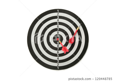 Dart board with red darts isolated on white background. Dart board with red darts isolated on white background. 120448785