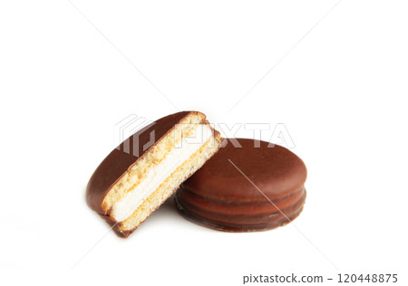 Choco pie chocolate coated snacks isolated on white background. 120448875